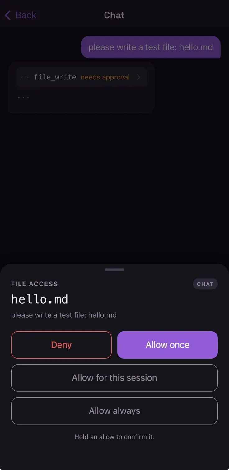 An approval sheet over the chat: File access above the target hello.md, with Deny, Allow once, and the remembering answers Allow for this session and Allow always.