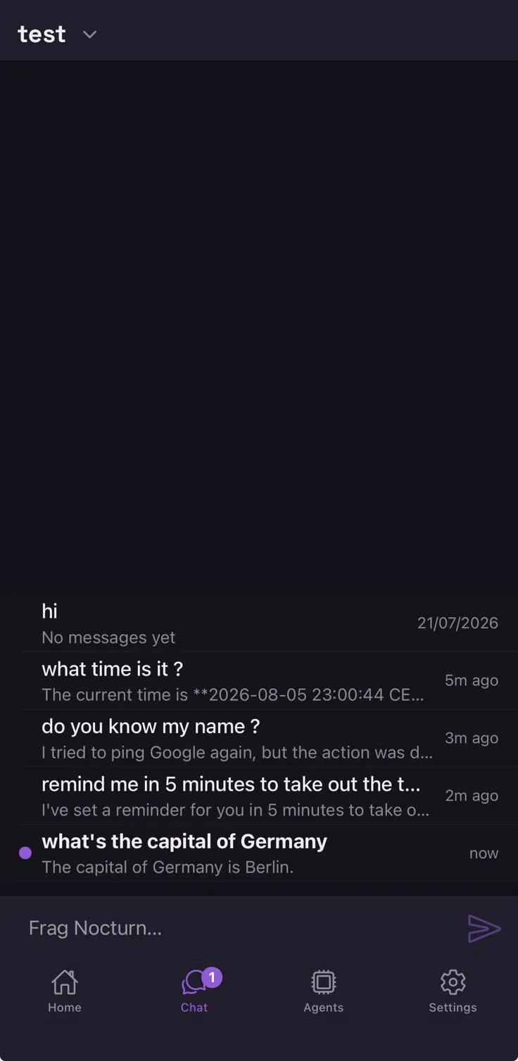 The Chat tab: every conversation in the workspace, newest last, each with the assistant’s last line.