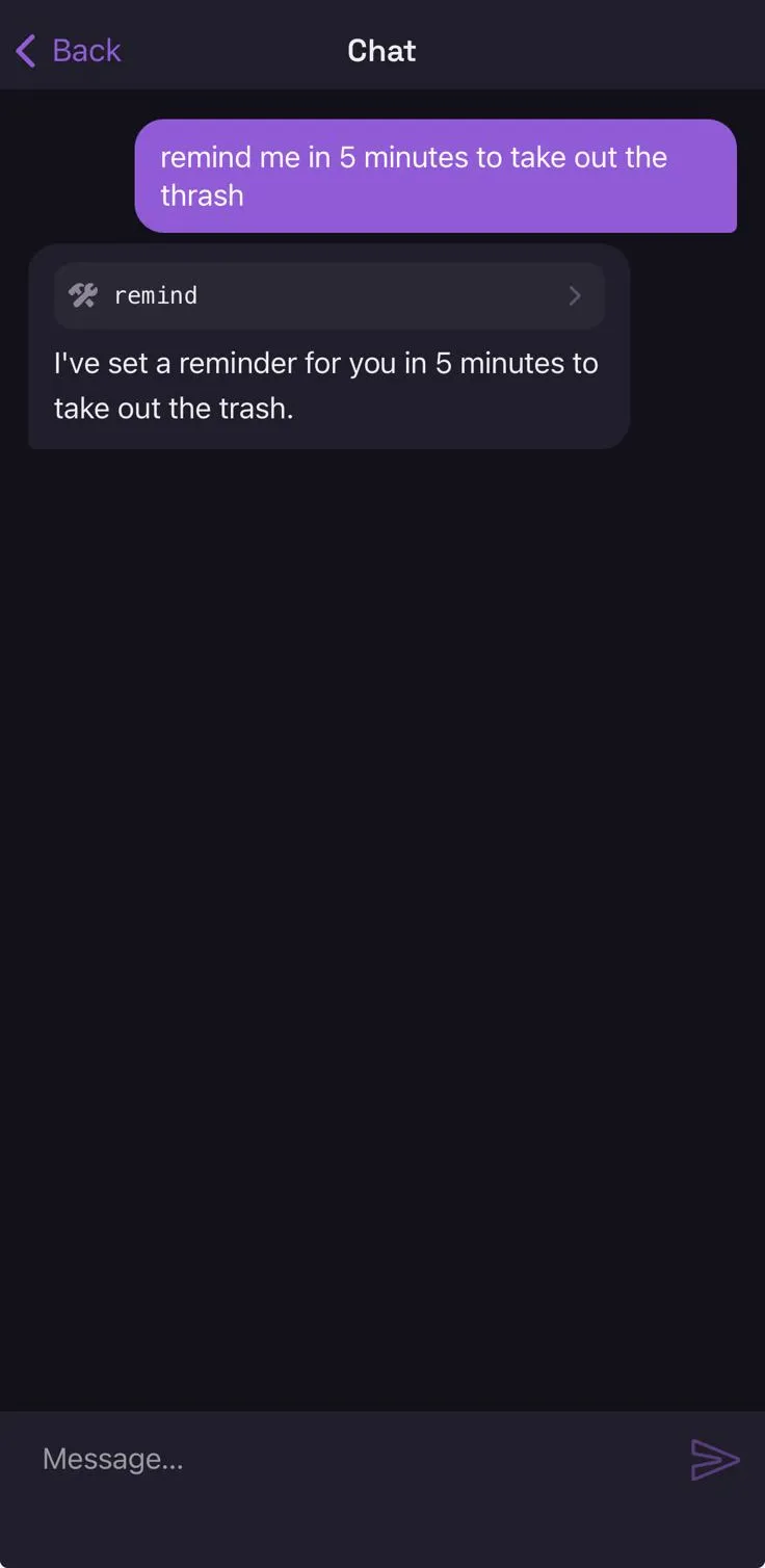 A chat turn: the chip above the answer reads remind, and the reply confirms the reminder was set for five minutes from now.