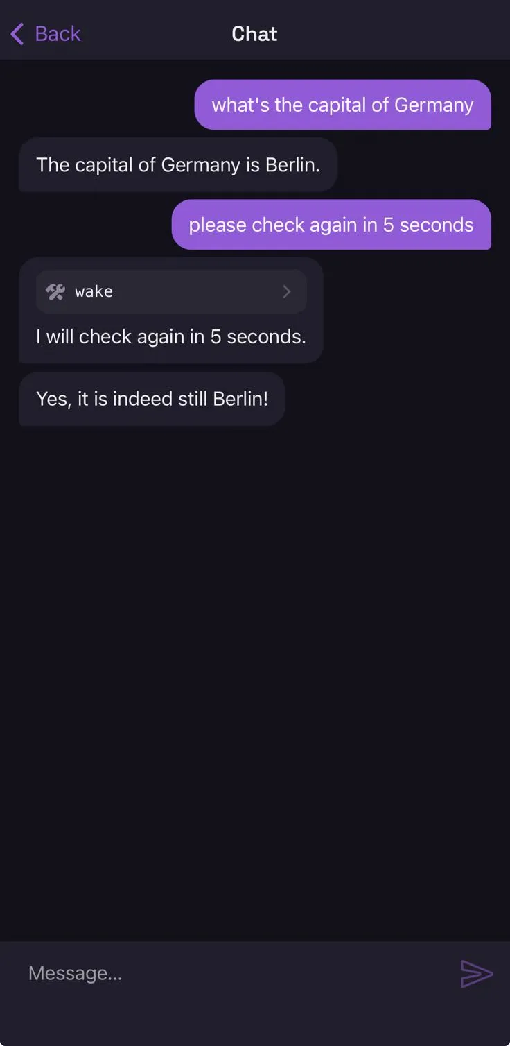 A chat turn where the assistant used the wake tool to check again in five seconds, with no approval sheet in between.