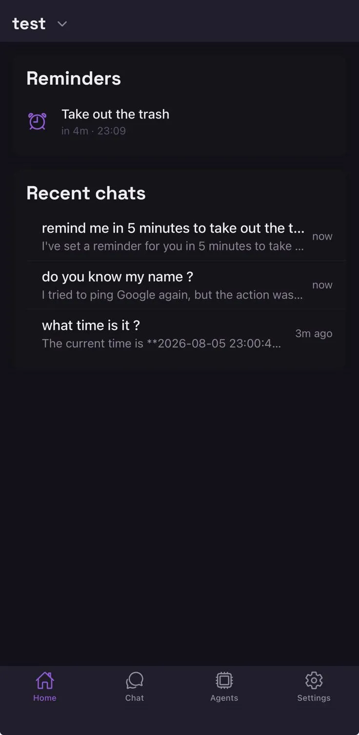 The Home tab: a pending reminder with the time it fires, and the workspace’s recent conversations underneath.