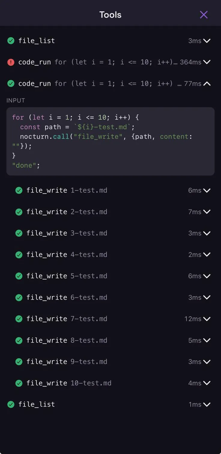 The app’s tools view for one turn: a code_run that failed, a second that succeeded with its JavaScript expanded, and the ten file_write calls that script produced listed underneath with their durations.